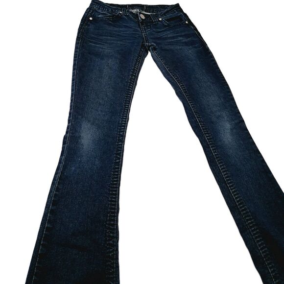 Y2k Vtg Almost Famous Dark Denim Boot Cut Flare Low Rise Jeans XS 1 Embellished - Picture 8 of 13